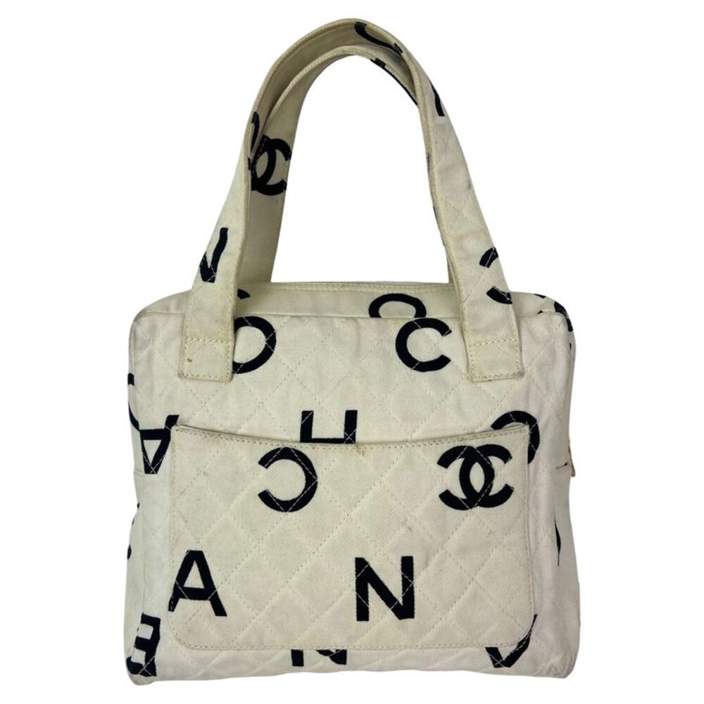 Chanel Matelasse Logo Ivory Cotton Canvas Vintage Hand Bag